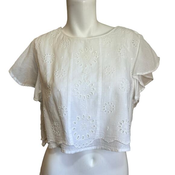 LOA White Cotton Romantic Eyelet Flutter Crop Short Sleeve Back Tie Blouse sz M - Picture 10 of 10